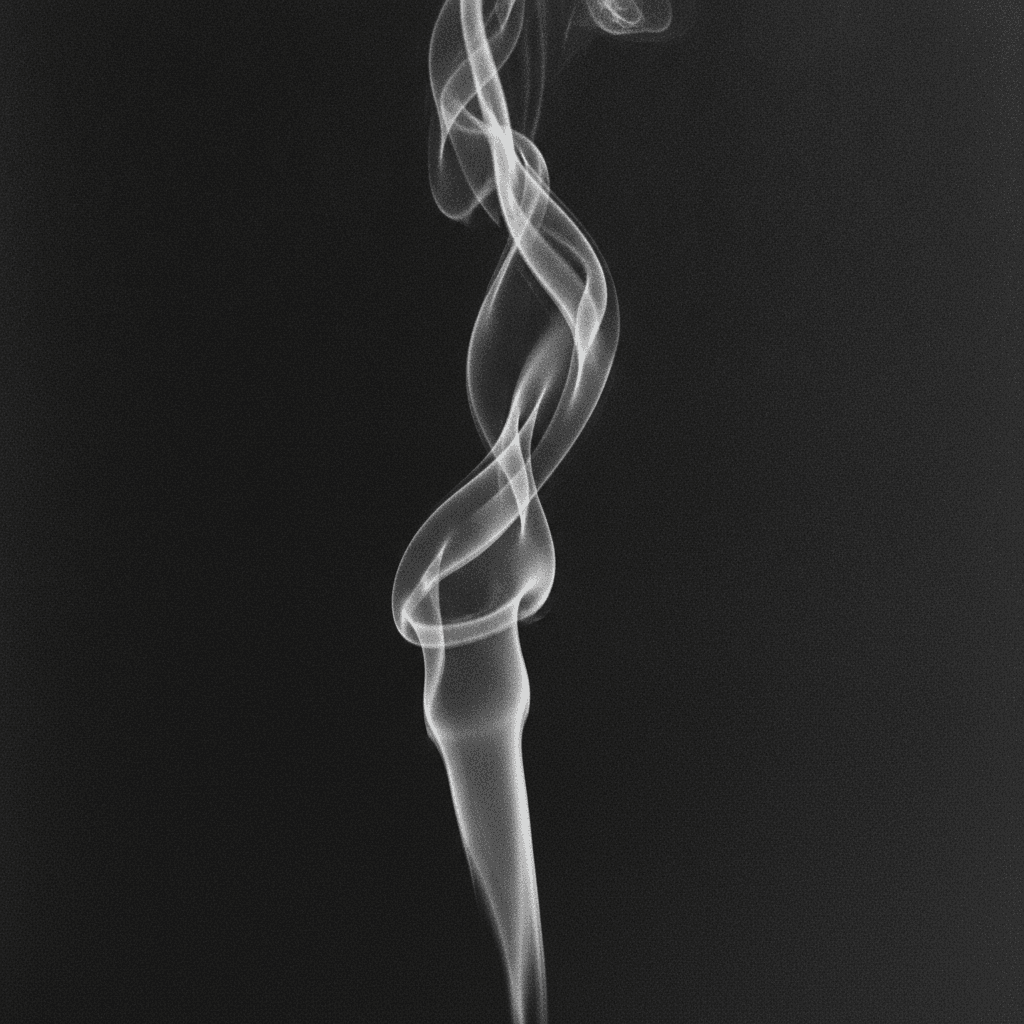 Trazo de humo blanco ascendiendo en espiral sobre fondo negro, parte de la identidad visual Señal de MOI Digital