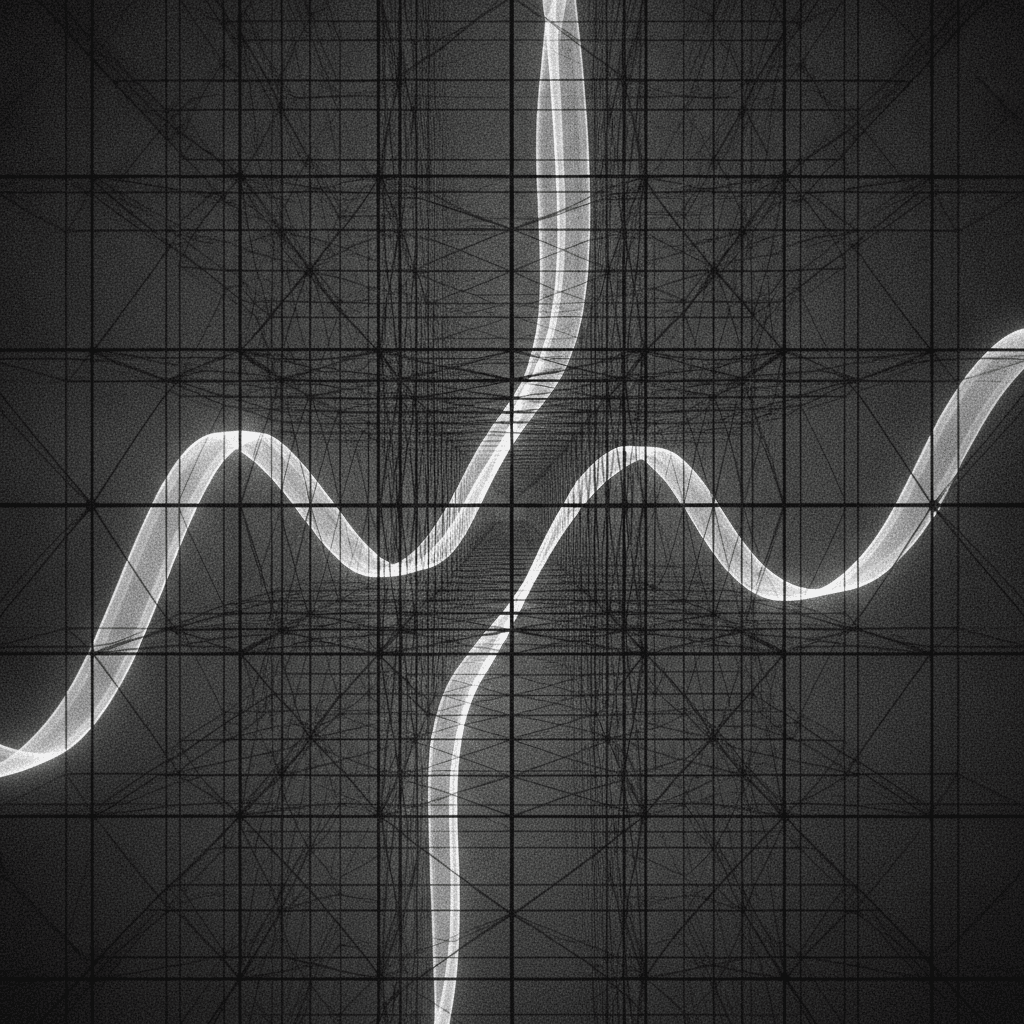 Grilla de líneas finas atravesada por dos ondas luminosas curvas, evocando estructura de datos y código